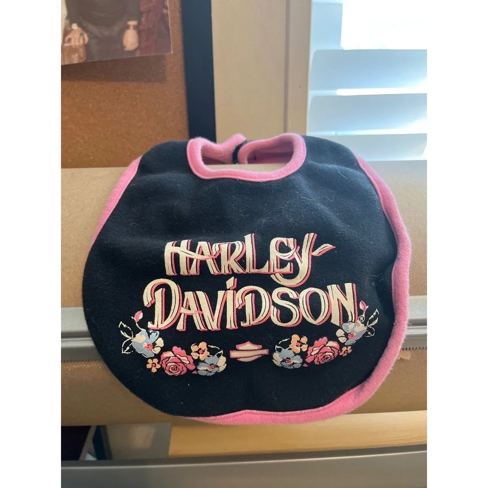Harley Davidson Baby Bib Black Pink Floral Embroidered Logo Biker Girl Accessory